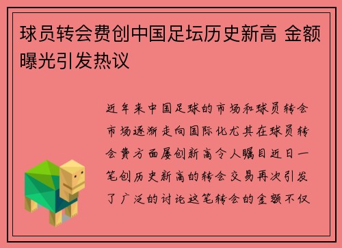 球员转会费创中国足坛历史新高 金额曝光引发热议