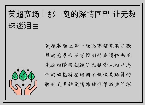 英超赛场上那一刻的深情回望 让无数球迷泪目